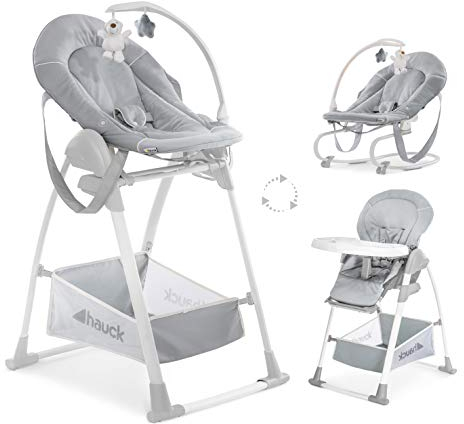 hauck Hochstuhl mit Babywippe Sit N Relax 3in1 ab Geburt bis 15 kg mit Wippgestell, Höhenverstellbares Gestell mit Rollen, Klappbar, Verstellbar, XL Korb, Wippe mit Spielebogen (Stretch Grey)