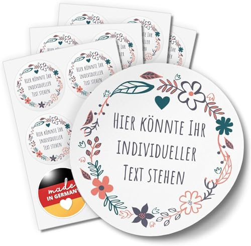 24 PERSONALISIERTE runde Etiketten mit Motiv: Blumenkranz mit Herz | Eigene Aufkleber online selbst gestalten, individuell Hochzeit Geburtstag Taufe Kommunion Konfirmation Einladung Save Date
