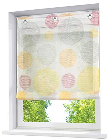 Raffrollo mit Kreis-Motiven Druck Design Rollos Voile Transparent Vorhang (BxH 80x140cm, Gelb/Rosa mit U-Haken)