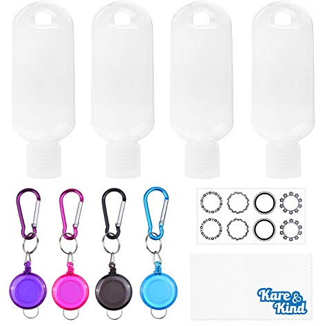 Kare & Kind Botellas de Viaje Portátiles - 4X Contenedores Vacíos, 4X Llaveros Retráctiles/Mosquetones, 1x Hoja de Etiquetas Adheribles - hasta 50 ML - para Desinfectantes de Manos
