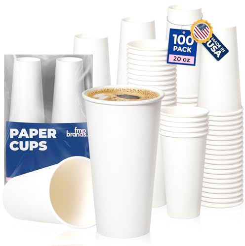 Fit Meal Prep 100 Pack 20 oz Disposable Paper Coffee Cups, Premium Hot Cups for Hot/Cold Beverage, Durable Thickened White Paper Cup Bulk for Party, Office, Bussines, Cafes, Bistros, Daily Use