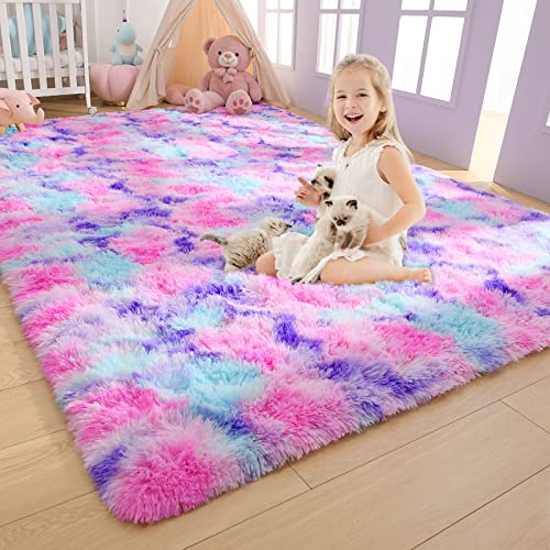 AROGAN Soft Rainbow Area Rug, Fluffy Hot Pink Girls Rug, 3x5 Feet