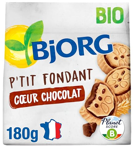 BJORG - Biscuits P'tit Fondant Coeur Chocolat - Blé Complet - Bio - 180 g | Biscuit Goûter - Source de Fibres - Sans Huile de Palme