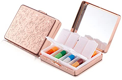 Caja de medicina portátil de viaje de metal/3-8 compartimentos (78×68×22 mm, Rosa cuadrada)