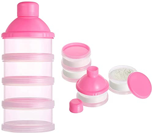 Portable Milk Powder Dispensers Pot, Milk Powder Case, Formula Powder Pots, 4 Layer Formula Dispenser Snacks Case Candy Storage Container Box (Pink)
