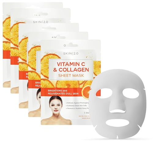 Skin 2.0 Vitamin C & Collagen Sheet Mask - Anti-Aging, Wrinkle & Age Spot Reducer, Hydrating & Moisturizing - Dermatologist Tested Korean Skincare, Clean Beauty, Cruelty-Free, All Skin Types - 5 Masks