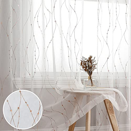 SMILE WEAVER White Sheer Curtains 84 Inch Long for Living Room,Privacy & Light Filtering Semi Sheer Curtain with Star Print Design,Lightweight Voile Transparent Bedroom Window Drapes,2 Panels