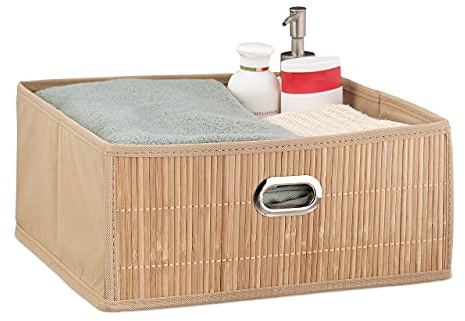 4 x Aufbewahrungskorb Bambus, Badkörbchen quadratisch, Stoff Regalkorb flach, H x B x T 14 x 31 x 31 cm, faltbar, natur