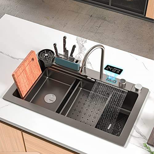 Einschalen-Küchenspüle 304 Edelstahl, Intelligenz Wasserfall Becken Spüle, Spüle Arbeitsplatz Küchenspüle Mit Ausziehbarem Wasserhahn (Color : Black-Grey, S : 75x46cm)