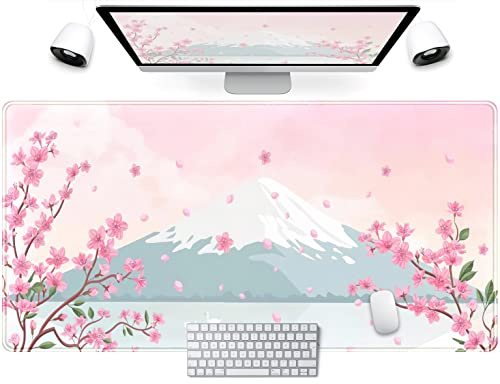 Tapis de bureau japonais en fleur de cerisier rose pastel Mt Fuji Japon Grand tapis de souris XXL 80 x 40 cm, motif floral mignon pour femme, décoration de bureau, ordinateur portable, clavier