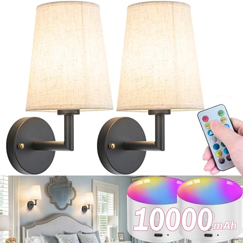 Wall Sconce Battery Operated Wall Light Fixure with Remote Control, Dimmable Battery Operated Wall Sconces Set Of Two, Indoor Wireless Wall Mounted Lamp with Rechargable Bulb For Bedroom Living Room (