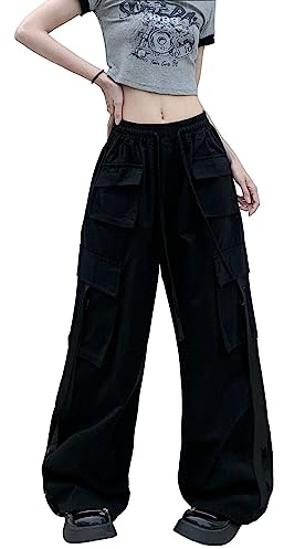 Cargobyxor för män kvinnor y2k streetwear säckiga breda ben svarta fallskärmsbyxor, Svart, S
