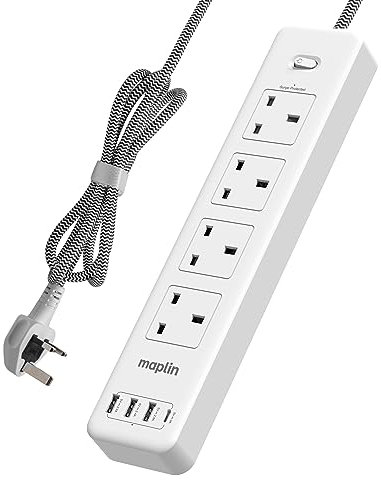 Maplin 2M Extension Lead with USB Ports, 1x USB C Fast Charging Port, 3x USB A Ports & 4x UK Plug Sockets with 2M Braided Cable, 3250W Overload Surge Protection