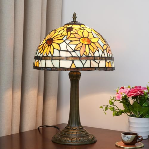 BOTOWI Tiffany Tischlampe 12 Zoll Buntglas Sonnenblume Tischleuchte Schreibtisch Nachttisch Blau Orange Nachtlampe Antike Kunst Handwerk Geschenke Liebhaber Kind Wohnzimmer Schlafzimmer Studie,A2