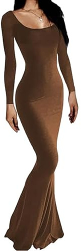 Rongseng Långärmad maxiklänning för kvinnor, figurnära sexig bodycon-klänning, snäv, lång stretch, mjuk fritidsklänning, fiskstjärtklänningar, elegant, enfärgad, aftonklänning, festklänning,