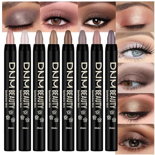 8Pcs Cream Eye Shadow Brightener Stick Makeup Set, Champagne Pearl Taupe Bronze Cocoa Stone Putty Smoky Amethyst Shimmer Matte Eyeshadow Eyeliner Pencil Applicator Stick Palette Makeup for Older Women