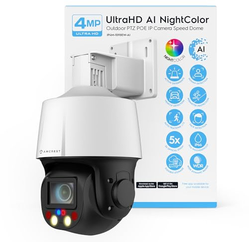 Amcrest 4MP Outdoor PTZ POE + AI IP Kamera Pan Tilt Zoom (Optisch 5X motorisiert) Sicherheit Speed Dome, Mensch und Fahrzeug Erkennung, IVS, Gesichtserkennung, Auto Tracking, POE+ (802.3at)