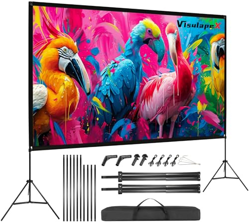 VISULAPEX No Wrinkles 100 Inch Projector Screen - Super Stable with Dual Tripods, Strong Stands, Portable Design for Indoor/Outdoor, 16:9, 4K - Perfect for Camping, Parties, and Home Theater
