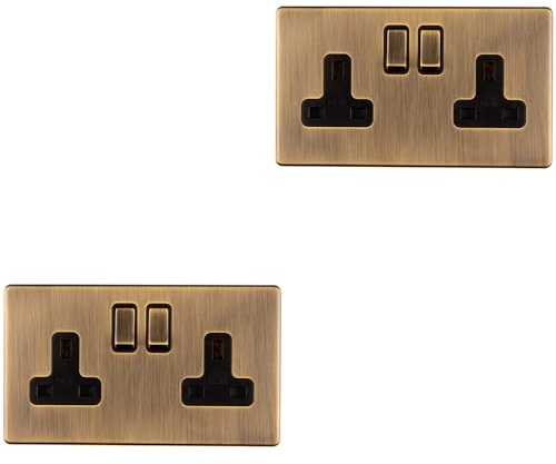 2 PACK 2 Gang DP 13A Switched UK Plug Socket SCREWLESS ANTIQUE BRASS Wall Power - Decorative Douple Pole Metal Mains Wall Plate