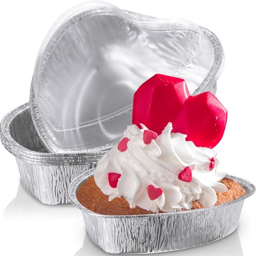 Hushee 6 Pcs 27 oz Valentine's Day Heart Shaped Cake Pan with Lid 7.4 Inch Aluminum Foil Disposable Cupcake Baking Pan Heart Food Packing Muffin Tin Liner Pudding Cooking Cup for Mother's Day