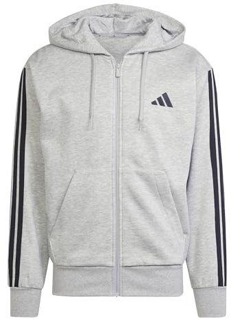 adidas herr Essential Three Stripes Fleece Zipper Hoodie Sweatshirt, medium grey heather/black, XL