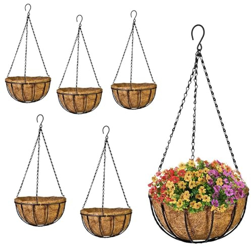 VIRSUS Cesti Portavasi Sospesi in Fibra di Cocco 7486, Diametro 30 cm, Struttura e Gancio in Metallo Verniciato Nero, Fioriera vaso da Appendere, Decorazioni per Piante e Fiori (6)