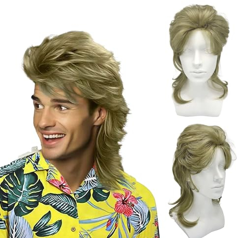 UILYNIU Blonde Mullet Mens 80s Wig - Rocker, Hippie Pop Rock Long Curly 70s Costume for Adult - Halloween Carnival Fashion Fancy Theme Party