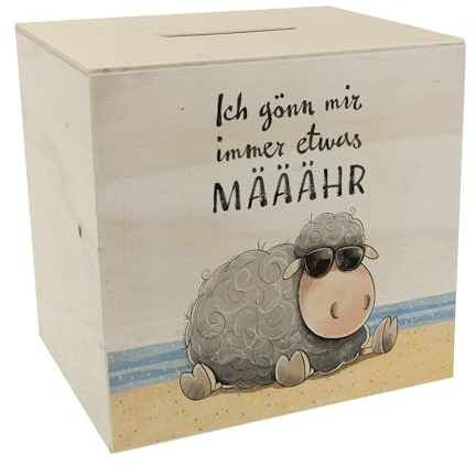 Schaf Spardose aus Holz mit Spruch Ich gönn Mir Immer etwas MÄÄÄHR Witziger Meerspaß Flauschiges Bauerntier für Urlaub Nordlichtträume Süßes Sparschwein-Design