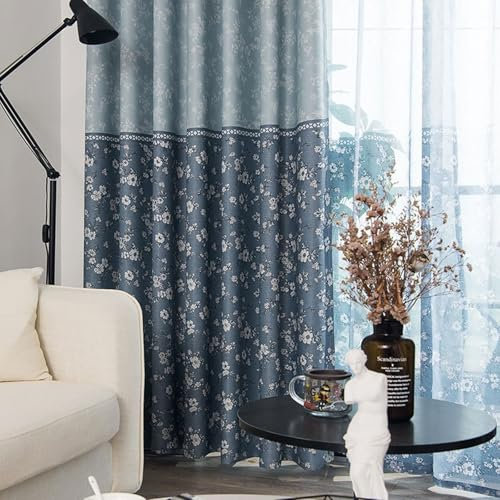 Daesar Gardinen mit Schlaufen 2er Set, Vorhang Blickdicht Blau Landhausstil Zweifarbig mit Blumen Motiv 107x147CM Verdunklungsvorhänge Kinderzimmer Schlafzimmer Wohnzimmer
