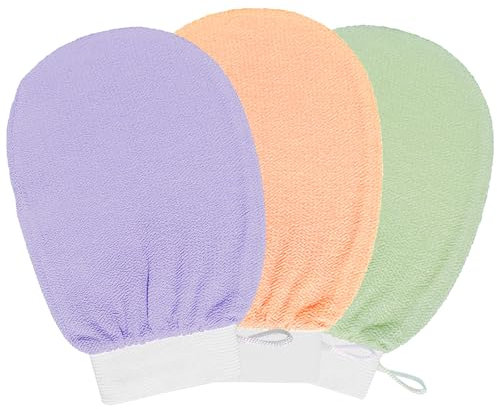 3PCS Korean Exfoliating Gloves Set – Eco-Friendly & Hypoallergenic Spa Mitts for Sensitive Skin, Hard Water & Keratosis Pilaris, Exfoliator Glove for Body/Feet (Green, Purple, Orange)