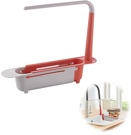 HhBdy Teleskop Pülbecken Organizer 2024 Updated Telescopic Sink Storage Rack Erweiterbarer Schwammhalter für die Küche Teleskopisches Spülbeckenregal Für Spüle Küche Geschirrtuch Aufhänger Rot