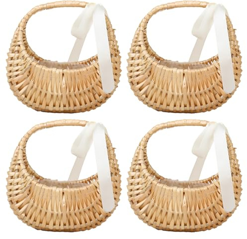 2 Cestini di Fiori in Rattan Piccoli Cestini di Vimini a Mezzaluna con Manici e Cestini di Fiori Nuziali Intrecciati a Mano in Pizzo Bianco per Decorazioni per Feste di Nozze a