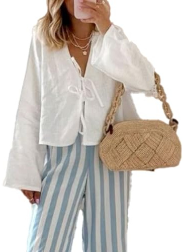 Chvity Tie Front Tops for Women Y2K Linen Shirts Flare Sleeve V Neck Going Out Coquette Clothes Casual Lace Up Bow Blouses White