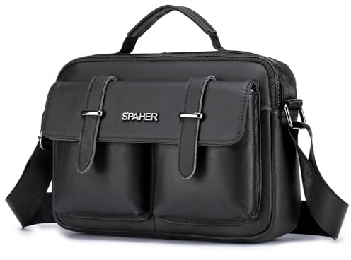 SPAHER Umhängetasche Herren Leder Herrentasche Zum Umhängen Schultertasche Echtes Leder Messenger Bags Handtasche Herren Schultertasche Crossbody Bag für Männer Schwarz
