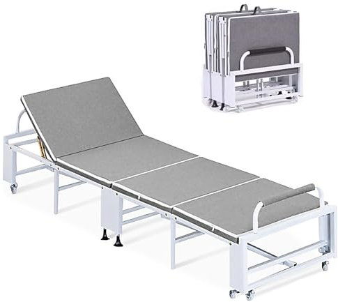 Klappbett aus Metall mit verstellbaren Rückenlehnen, hohe Tragfähigkeit, abnehmbarer Bezug, Schaumstoffmatratze, ideal für Zuhause, Büro, Krankenhäuser, Weiß, 200 x 70 x 30 cm