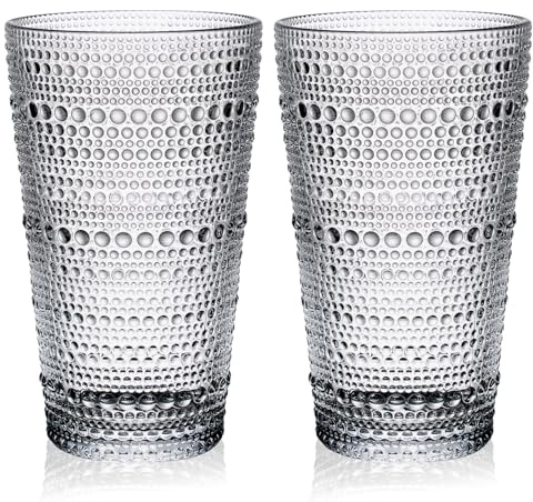 GYRUT 16oz Hobnail Highball Glasses[Set of 4] - Tall Water Glass Cup Glassware Set Fits New Home of Newlyweds, Dishwasher Safe, Stackable Design