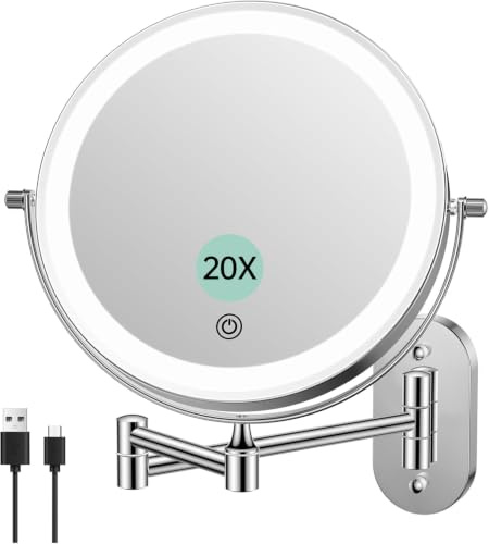 FUNTOUCH 5000mAh Wiederaufladbar Kosmetikspiegel mit Beleuchtetung1X/20X | Spiegel Vergrößerung Wandmontage, Dimmbarer Rasierspiegel 3 Farben, Touchscreen, 360° Drehbar, Schminkspiegel für Badezimmer