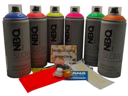 NBQ - Set di 6 flaconi spray ad alta copertura per graffiti Pro, 6 x 400 ml, set con testine di ricambio per artigianato, arte, valvola leggera, graffiti, belle arti