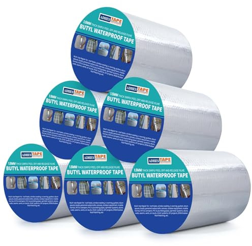 ADHES - Cinta de butilo impermeable de aluminio con goma fuerte, 200 mm x 5 m, 6 rollos de 1,5 mm de grosor para fugas en el techo, grietas en la superficie, hueco del alféizar de la ventana, rotura