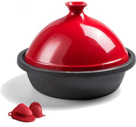 Tajine marocain en Fonte, marmite à tajine en Fonte, tajine marocain émaillé, cocotte à Induction, marmite en Argile Faite Main, mijoteuse (Couleur : Rouge)