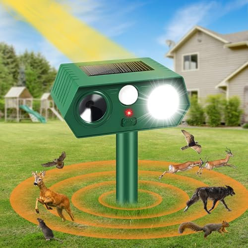 Solar Ultrasonic Animal Repeller, Waterproof Cat Repellent for Gardens with PIR Motion Sensor & Flashing Light, Repelling Cats, Foxes, Squirrels, Pigeons, Rodents, 1 Pack