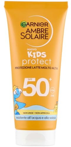 Garnier Ambre Solaire Kids Protect Latte SPF50+ 100ml - Resistente all'acqua e alla sabbia - Approvato da Cruelty-Free International