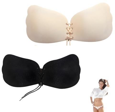 Syylqyr 2 Packs Push Up Bra for Women, Stick on Bra with Drawstring, C Cup Skin Friendly Sticky Silicone Padded for Everyday Wearing Party Wedding (Black & Skin Tone)