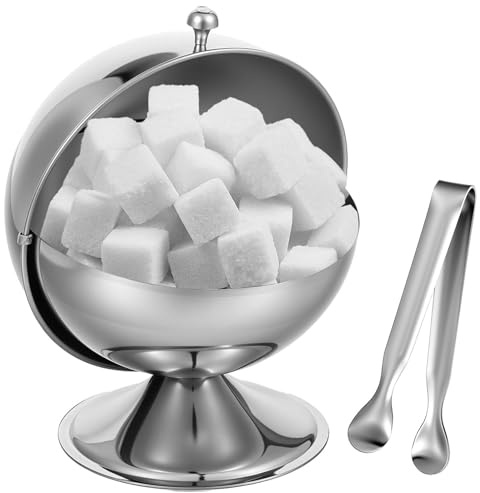 Sucrier en acier inoxydable avec couvercle enroulable - Bol à bonbons sphérique en acier inoxydable avec pince à sucre de 11,9 cm - Support de cube de sucre - Pot à bonbons - Pour la maison, la