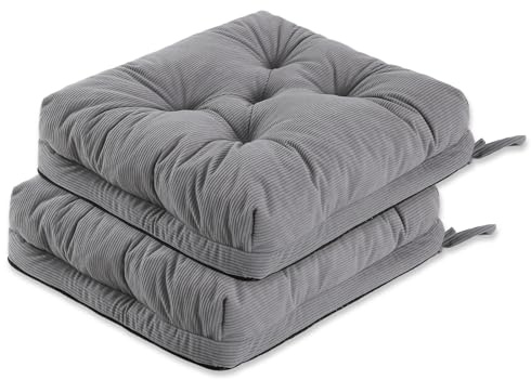 PRIMEPATIO Chair Cushions for Dining Chairs Set of 2, Tufted Overstuffed Textured Booster Foam Chair Pad with Ties and Non-Slip, 8cm Thick Seat Cushions for Kitchen, Garden, 40x40cm, Light Gery