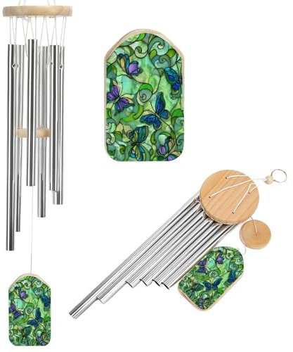 Scacciaspiriti in vetro colorato, verde lime, verde menta, farfalle, floreale, scacciapensieri con 6 tubi in alluminio, decorazione da giardino per esterni