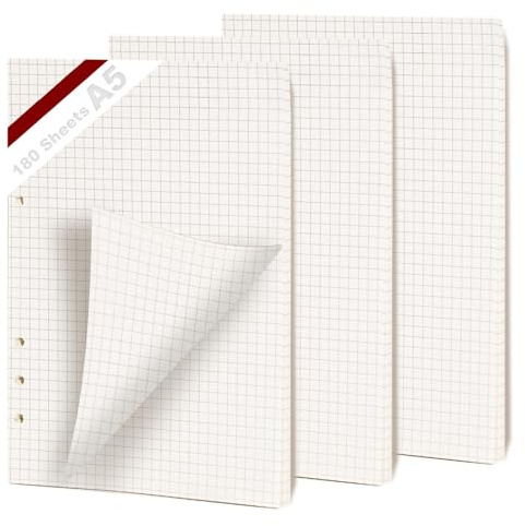 KINETOX 180 Blätter Nachfüllpapier A5 Karierte 6 Löcher A5 Papier Nachfüllbare Refill Paper Ringbucheinlagen für a5 Notizbücher Tagebücher Skizzen Agenden Planer