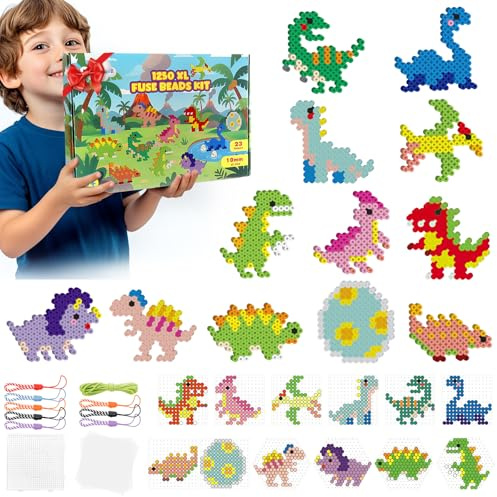 Set di perline da stirare grandi da 10 mm, 23 colori, 1250 pezzi, XL con 2 piastre, 12 motivi dinosauri, 8 cordini e 5 fogli da stiro, regalo creativo fai da te per bambini dai 3 anni in su