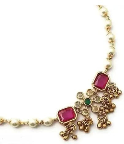 Collana di perle vintage con pietre preziose rosso rubino, ciondoli floreali dorati, catena con perline bianche di perle, stile tradizionale indiano