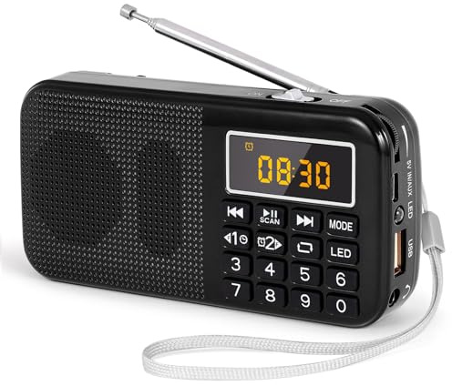 PRUNUS J-725 Rechargeable Radio Portable, FM Radios, Small Radios with 3000mAh Rechargeable Battery. Battery Operated Radio Digital support SD USB MP3 AUX Player and Emergency Flashlight. (Black-1)